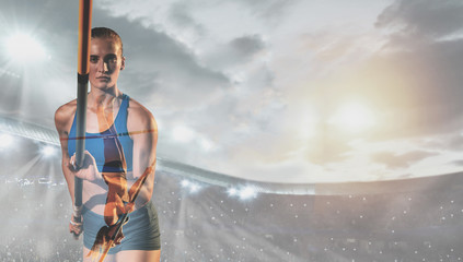 Professional female pole vaulter training at the stadium. Double exposure, creative collage. Fit...