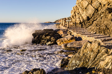 Stairs to the sea, sunrise in Almuñecar, core of the Costa Tropical (Granada) Spain