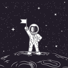 Astronaut with flag in hand. Outer space