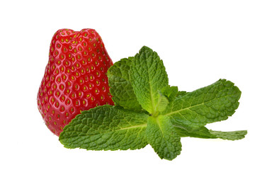 Ripe delicious summer strawberry and a sprig of mint 