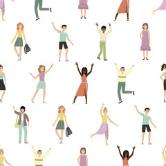 Seamless pattern with happy people. Flat background with cartoon people.