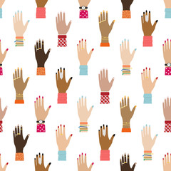 Flat seamless pattern with girl hands. Feminist background. Women's right. Racial diversity.