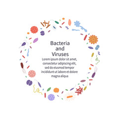 Colorful background with different dangerous viruses and bacteria. Template with text  for web design and print.