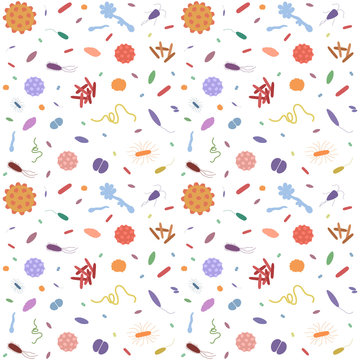 Background with different types of bacteria and viruses on white background. Simple colorfull bacterias pattern for your design. 