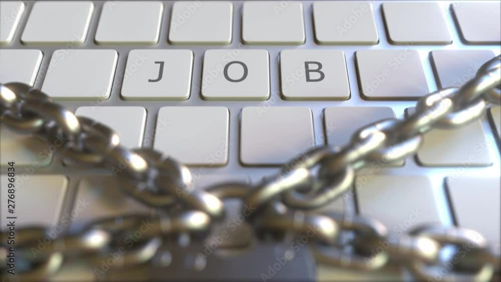 Poster job word on the keyboard with padlock and chains. conceptual 3d animation