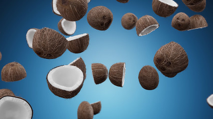 Fototapeta na wymiar 3D Render Falling coconuts on a blue background