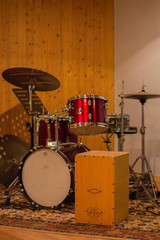 Drum kit in wooden music recording studio