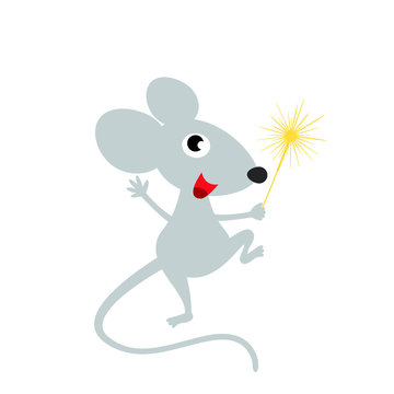 The cheerful character of the rat with Bengal fire is a symbol of the new 2020. Vector illustration isolated on white background