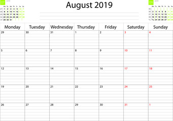  Calendar grid month July 2019 task scheduler workspace. Vector image