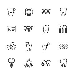Health teeth, dental treatment, stomatology, medical clinic icon simple symbols set. Contains icon tooth, braces, fillings, caries, dentistry, oral care, implantation and orthodontics.