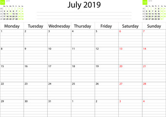  Calendar grid month August 2019 task scheduler workspace. Vector image