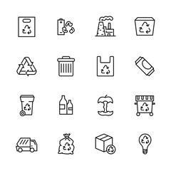 Garbage collection and waste disposal icon simple symbols set. Ecology and environment safety. Processing food waste and plastic on modern factory. Trach recycling and sorting.