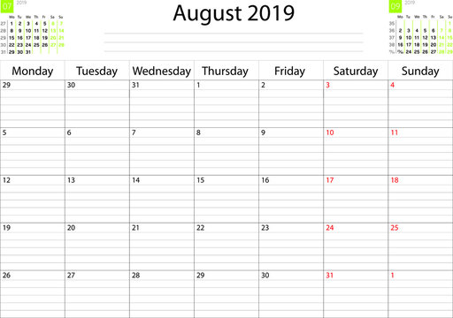  Calendar grid month July 2019 task scheduler workspace. Vector image