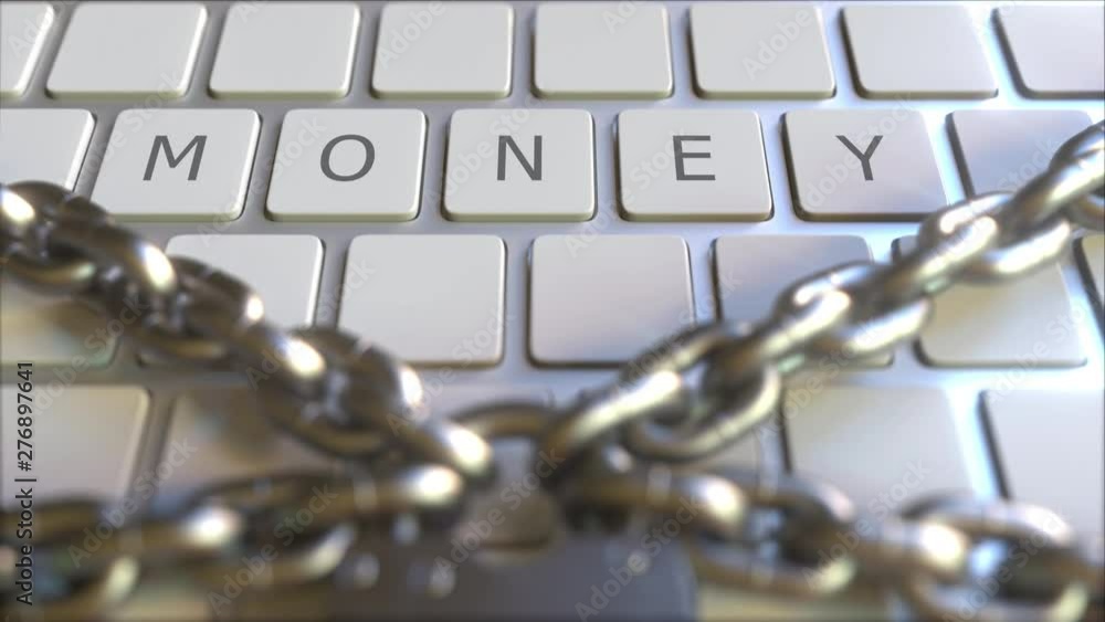 Poster money word on the keyboard with padlock and chains. conceptual 3d animation