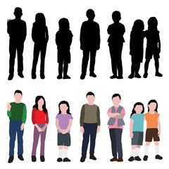 isolated, children silhouette and in a flat style a set of children