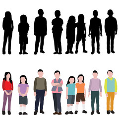 children silhouette and in a flat style a set of children