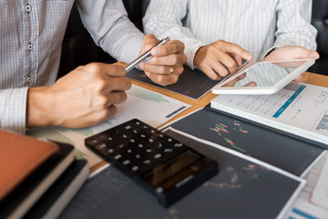 Working business man, team of broker or traders talking about forex on multiple computer screens of stock market invest trading financial graph charts data analysis.