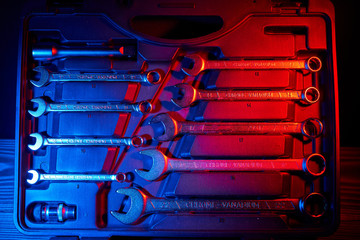 Wrenches in the kit for repair. Mixed lighting