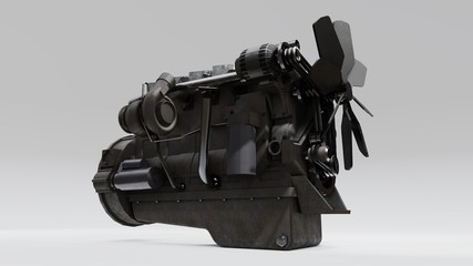 A big diesel engine with the truck depicted. 3d rendering.