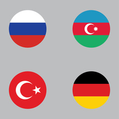 Round button national flag of Russia, Azerbaijan, Turkey, Germany Country europe flag icon