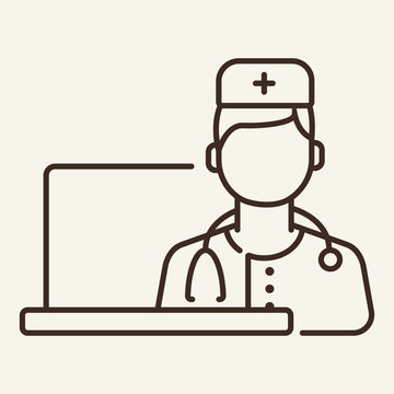 Online Doctor App Line Icon. Computer, Video Chat, Physician. Healthcare Concept. Vector Illustration Can Be Used For Topics Like Medical Consulting, Medicine, Internet Service