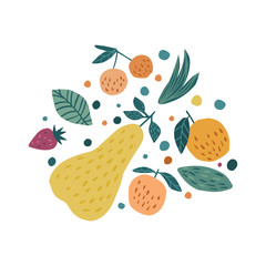 Apple, strawberry, pear and cherry berries on a white background.