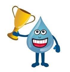 Happy smiling water drop holding golden trophy