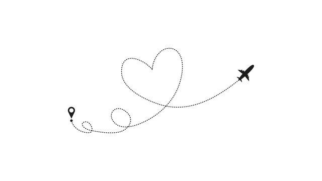 Love airplane route. Heart dashed line trace and plane routes isolated on white background. Romantic wedding travel, Honeymoon trip. Hearted plane path drawing. Vector illustration