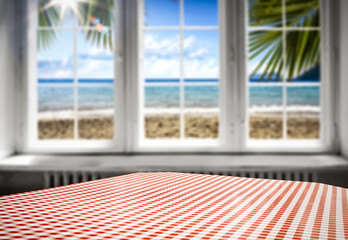 Desk of free space and window background 