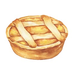 Hand drawn watercolor neapolitan tart isolated on white background. Delicious food illustration.