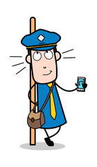 Showing Music Device - Retro Postman Cartoon Courier Guy Vector Illustration
