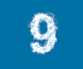 number 9 made of light white cloud on blue sky background, cloudy alphabet - 3D illustration of symbols