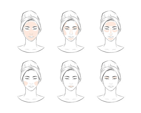Steps how to face make-up. take care about asia girl face vector illustration isolated cartoon hand drawn