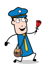 Proposing with Rose - Retro Postman Cartoon Courier Guy Vector Illustration