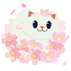 Hanami Festival. cherry blossom festival. festival in Japan. Happy cat is smiling .a relaxing cat sitting on the ground with sakura.cat and sakura . a cute cat in flat vector style
