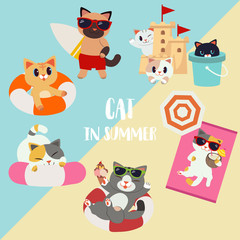Obraz premium The collection set of character cartoon cat in the summer theme pack. a cat holding a surfboard. a cat play with sand castle and tank. cat use a life ring. and a it was sunbathing.