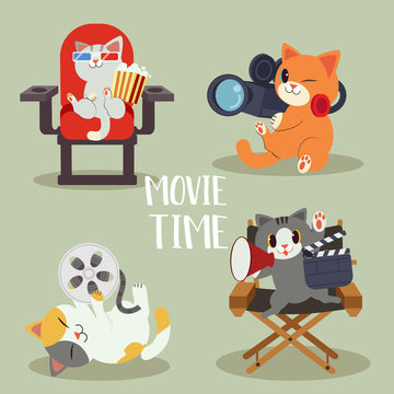 a collection of character of cute cat with movie concept. cat is making the movie and they so happy. have cat as director and cameraman. a cute cat in flat vector style