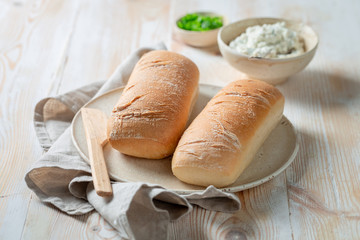 Fresh sandwich with crunchy bread, chive and fromage cheese