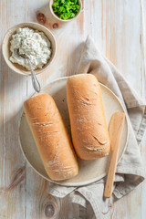 Healthy sandwich with fromage cheese, crunchy bread and lettuce