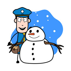 Standing with Snowman - Retro Postman Cartoon Courier Guy Vector Illustration