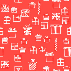 Vector seamless pattern. Many gift boxes different shapes. Hand drawn doodle. New Year, Christmas or Birthday concept. For printing, fabric, postcard, wallpaper, social media post,advertising.