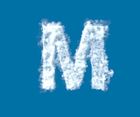 Cloud creative font, white cloudy letter M isolated on the blue sky background - 3D illustration of symbols