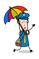 Holding an Umbrella and Running - Retro Postman Cartoon Courier Guy Vector Illustration