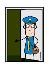 Inviting to Come Inside the House - Retro Postman Cartoon Courier Guy Vector Illustration