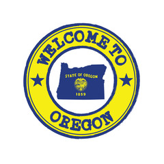 Vector Stamp of welcome to Oregon with states flag on map outline in the center.