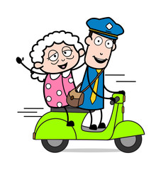 Riding with Grandma - Retro Postman Cartoon Courier Guy Vector Illustration