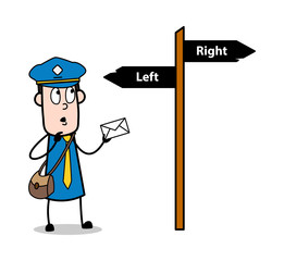 Confused to Choose the Direction - Retro Postman Cartoon Courier Guy Vector Illustration