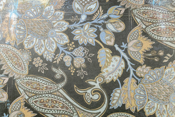 Arrière plan à motif cashmir bleu vert et ocre, tissu de damas