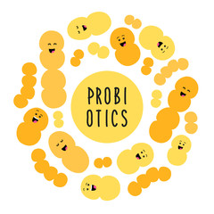 Fototapeta premium Funny probiotics bacteria family background isolated on white, gut and intestinal flora, set in flat style