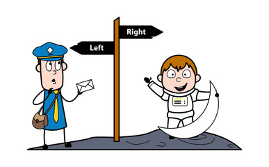 Direction for Send Letter on Moon - Retro Postman Cartoon Courier Guy Vector Illustration